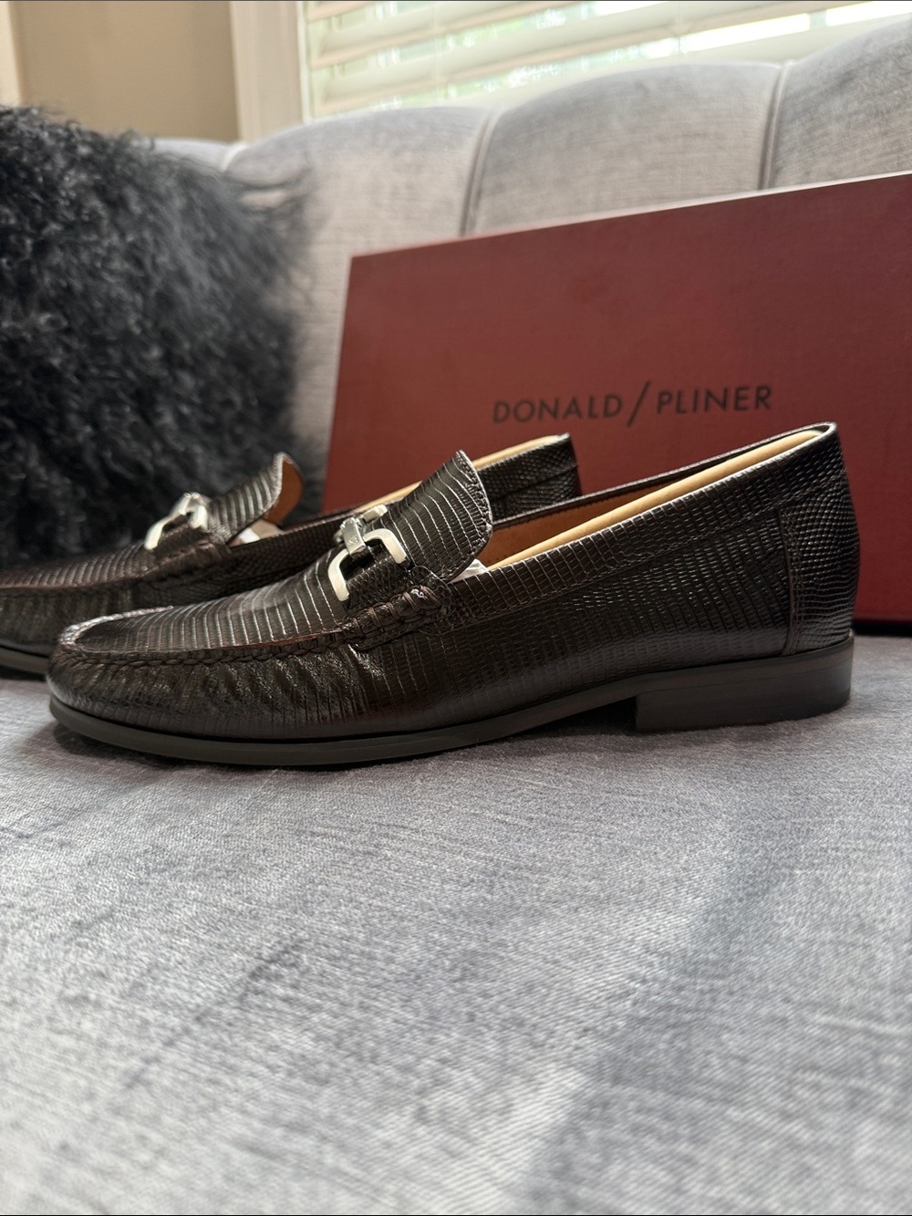 Donald J. Pliner Dark Brown Textured Leather Bit Loafers - Picture 2 of 6